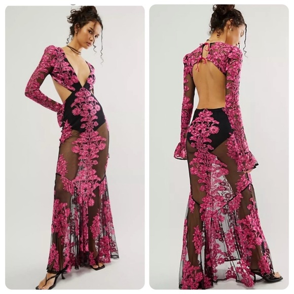 NWT For Love And Lemons Temecula Long Sleeve Cut Out Embroidered Maxi Dress Pink